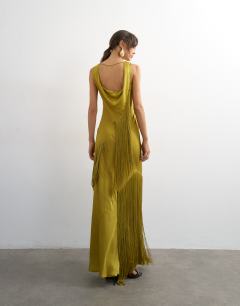 Model wearing Satin asymmetric fringed maxi dress in olive