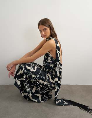 Topshop Satin Asymmetric Halter Neck Maxi Dress With Fringed Scarf In Black