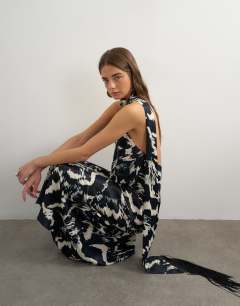 Satin asymmetric halter neck maxi dress with fringed scarf in animal print