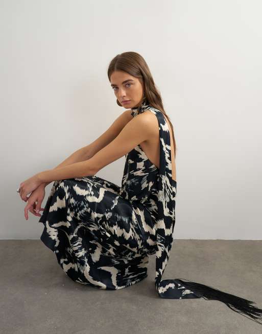 topshop asymmetric dress satin halter neck maxi with fringed scarf in animal print Crafted from a drapey