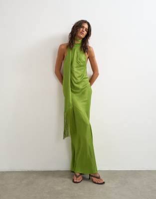 Topshop Satin Asymmetric Halter Neck Maxi Dress With Fringed Scarf In Green