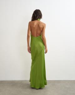 Model wearing Satin asymmetric halter neck maxi dress with fringed scarf in green