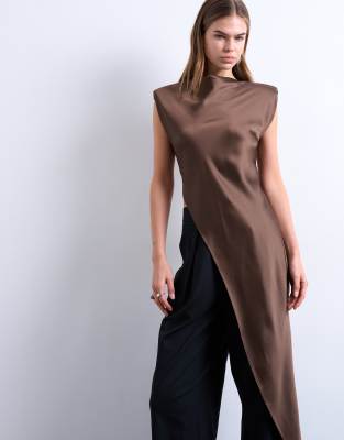 Topshop Satin Asymmetric Hem Tunic Top With Shoulder Pads In Brown