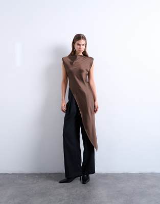 Topshop Satin Asymmetric Hem Tunic Top With Shoulder Pads In Brown
