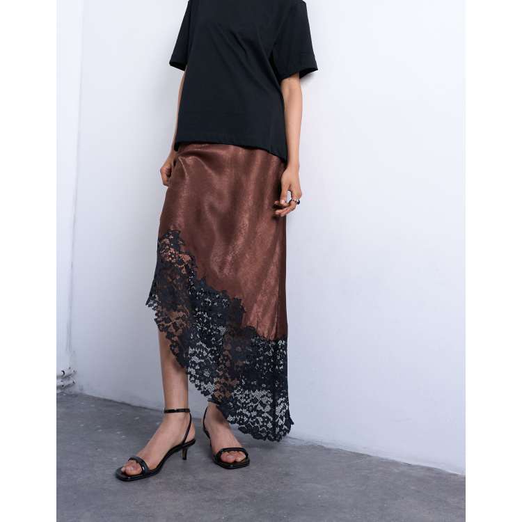 Topshop satin asymmetric lace hem maxi skirt in chocolate | ASOS