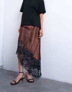 Satin asymmetric lace hem maxi skirt in chocolate