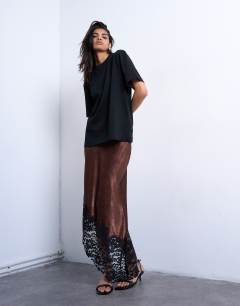 Model wearing Satin asymmetric lace hem maxi skirt in chocolate