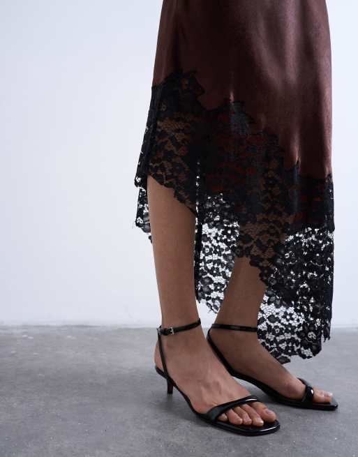 Topshop satin asymmetric lace hem maxi skirt in chocolate