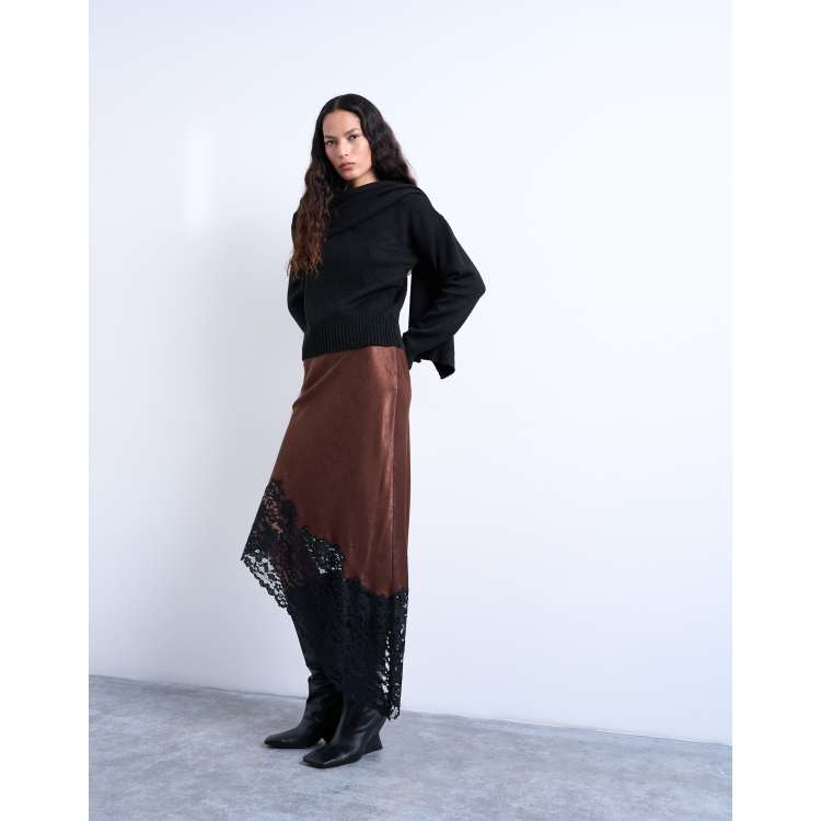 Topshop satin asymmetric lace hem midaxi skirt in brown with black