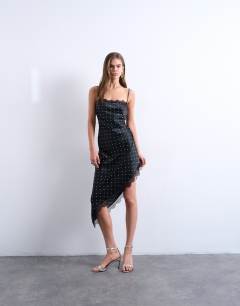 Satin asymmetric lace trim midi slip dress in black polka dot