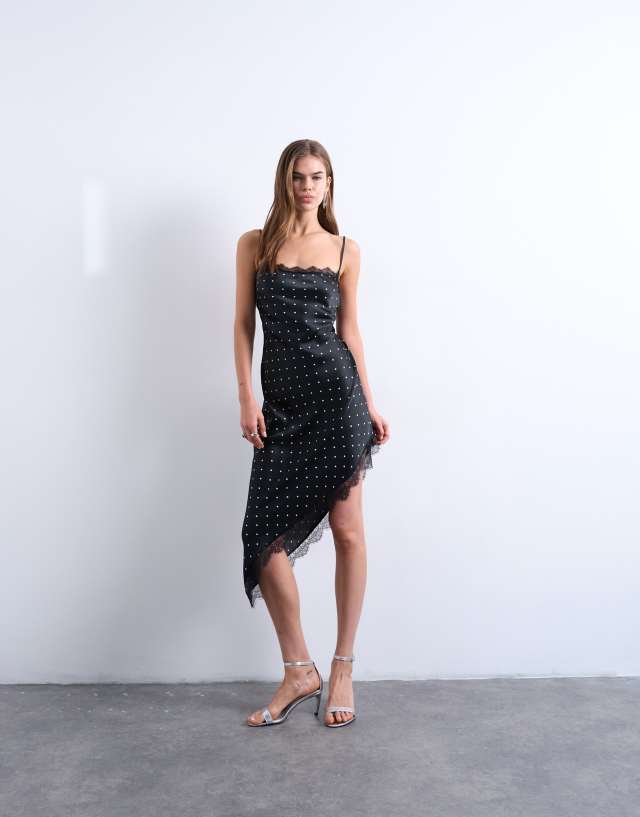 Topshop satin asymmetric lace trim midi slip dress in black polka