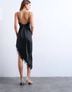 Model wearing Satin asymmetric lace trim midi slip dress in black polka dot