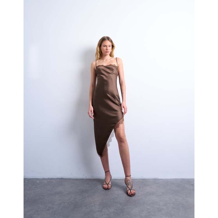 Topshop satin asymmetric lace trim midi slip dress in chocolate | ASOS