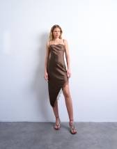 Topshop satin asymmetric lace trim midi slip dress in chocolate