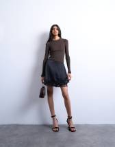 Topshop satin asymmetric mini skirt with lace trim in black
