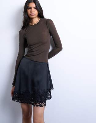 Topshop Satin Asymmetric Mini Skirt With Lace Trim In Black