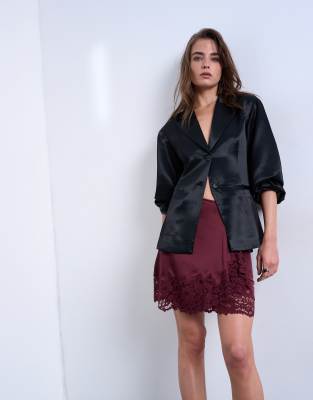 Topshop Satin Asymmetric Mini Skirt With Lace Trim In Burgundy