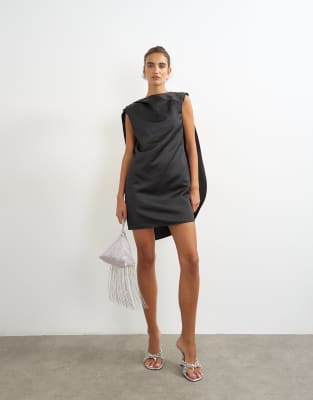 Topshop Satin Asymmetric Pleat Detail Cape Back Mini Dress In Black