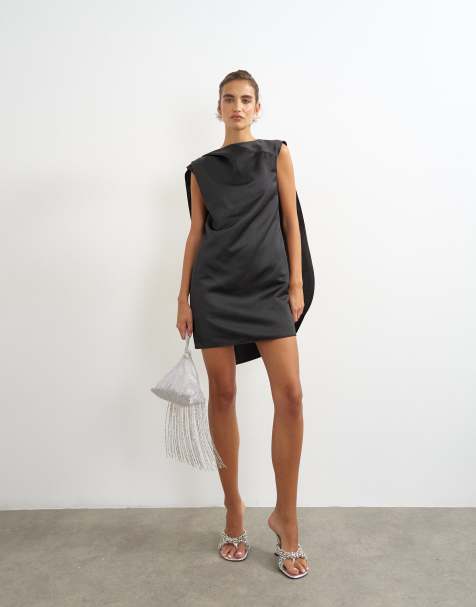 Topshop satin asymmetric pleat detail cape back mini dress in black - view 1