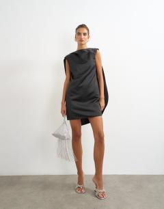 Satin asymmetric pleat detail cape back mini dress in black