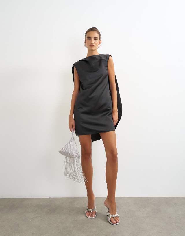 topshop black dress satin asymmetric pleat detail cape back mini in Color:Soft Black PRICE-FULL PRICE Women's Socks & Hosiery night wear