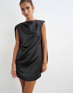Model wearing Satin asymmetric pleat detail cape back mini dress in black