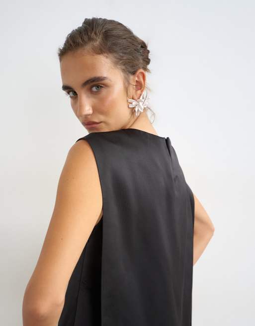 Topshop satin asymmetric pleat detail cape back mini dress in black, 3 of 4
