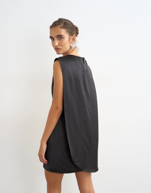 Topshop satin asymmetric pleat detail cape back mini dress in black, 4 of 4