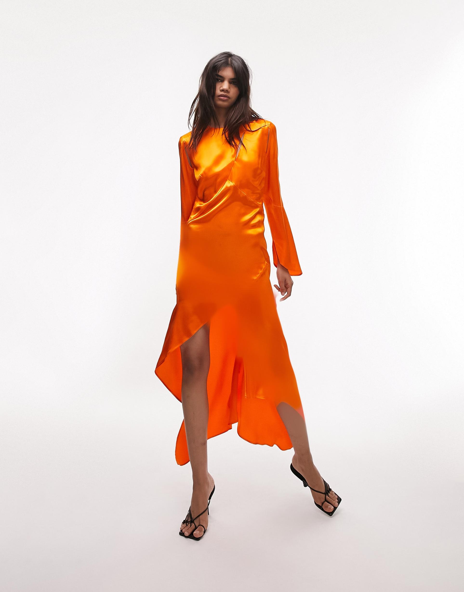 topshop satin asymmetric slash detail midi dress in orange