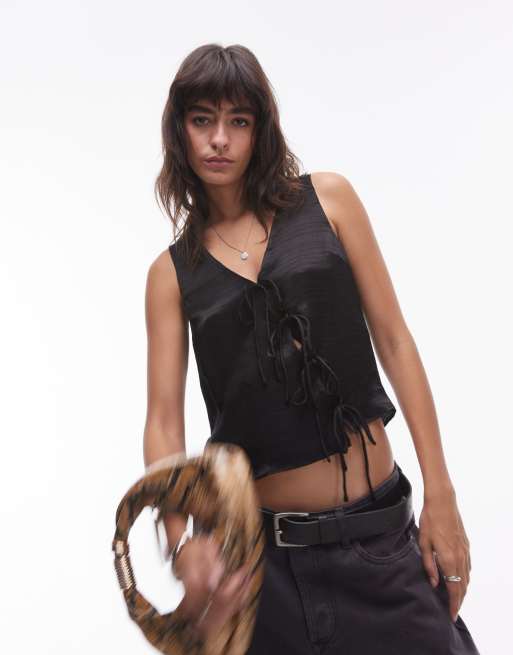 Topshop satin asymmetric tie vest in black