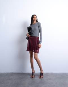 Satin aymmetric mini skirt with lace trim in port royale