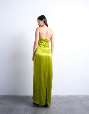 Topshop Satin Bandeau Maxi Dress In Green