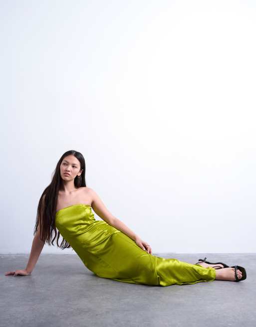 Topshop satin bandeau maxi dress in green