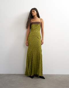 Model wearing Satin bandeau maxi dress with contrast olive and chocolate spot