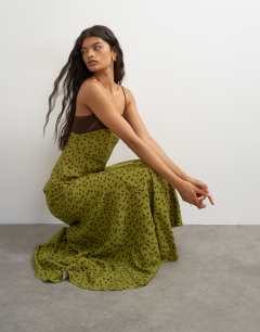 Model wearing Satin bandeau maxi dress with contrast olive and chocolate spot