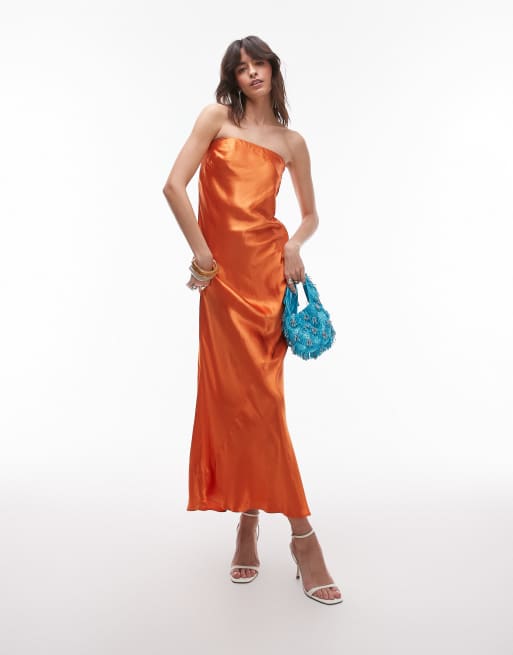 Topshop satin bandeau slip maxi dress in rust
