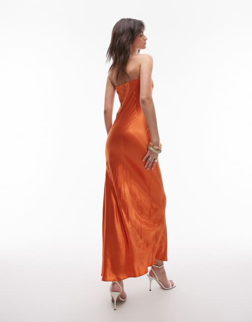 Topshop satin bandeau slip maxi dress in rust