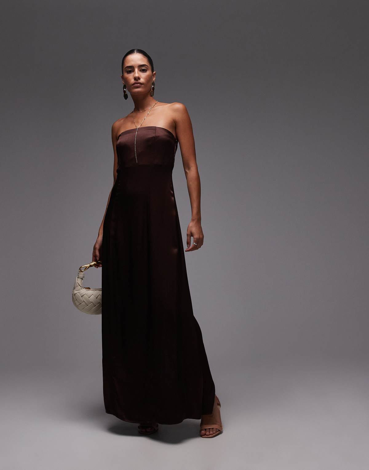 Topshop satin bandeau midi dress in chocolate