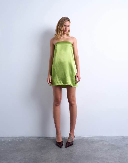 Topshop satin bandeau mini dress in chartreuse , 3 of 4