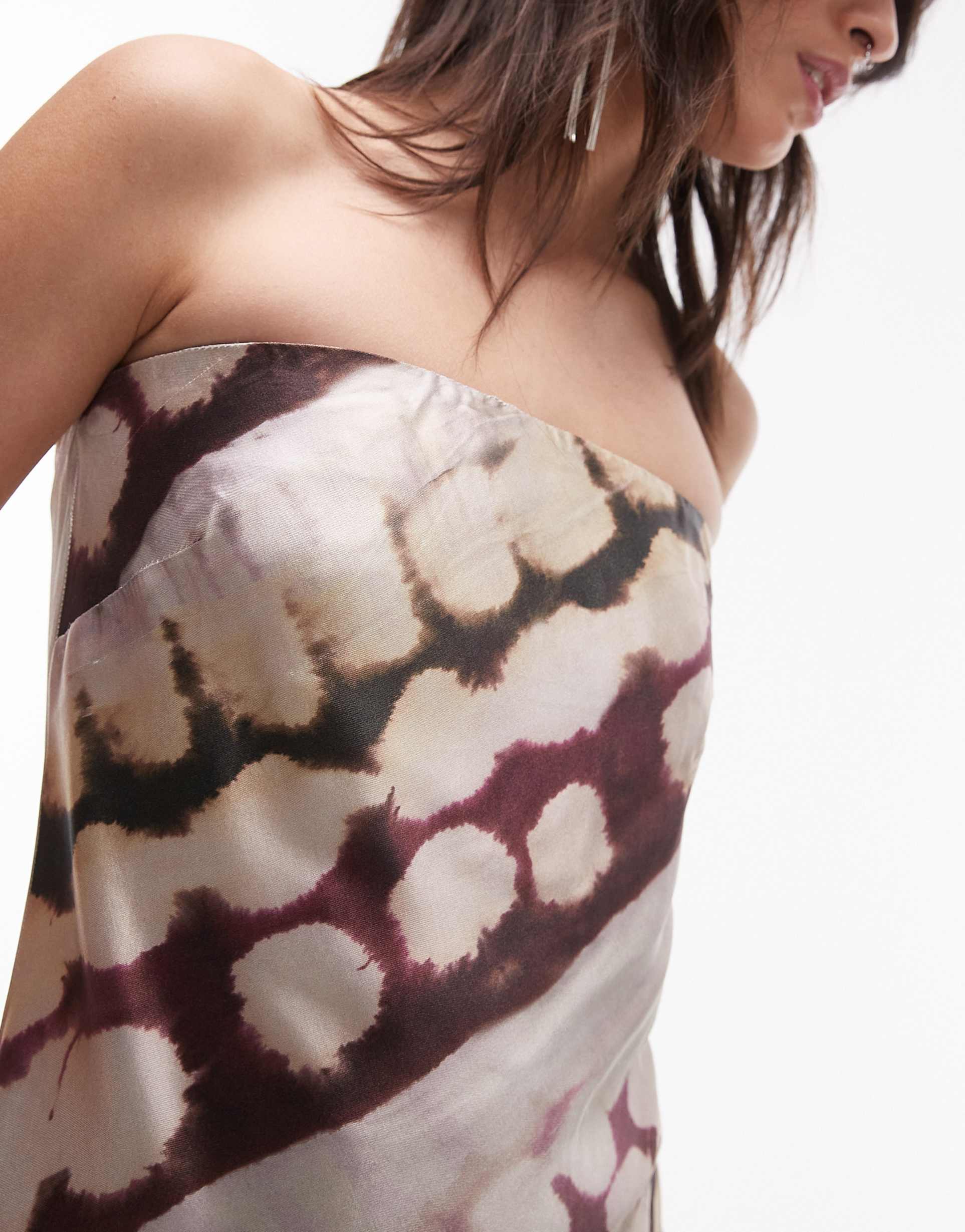 topshop satin bandeau slip maxi dress in abstract animal print