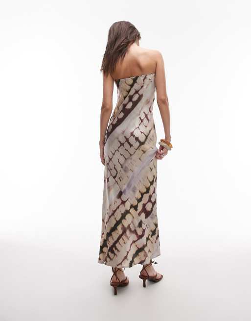 Topshop satin bandeau slip maxi dress in abstract animal print
