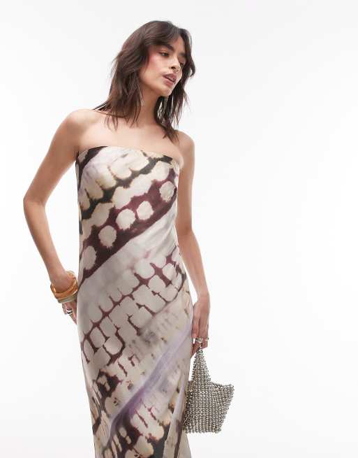 Topshop satin bandeau slip maxi dress in abstract animal print