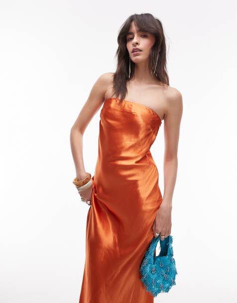 Topshop satin bandeau slip maxi dress in rust - view 1