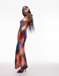 [Topshop] Topshop satin bandeau slip maxi dress in sunset tone print-Orange 14 ORANGE