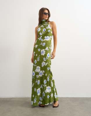 Topshop Satin Bias Collapsed Funnel Halter Neck Maxi Dress With Open Back In Multi