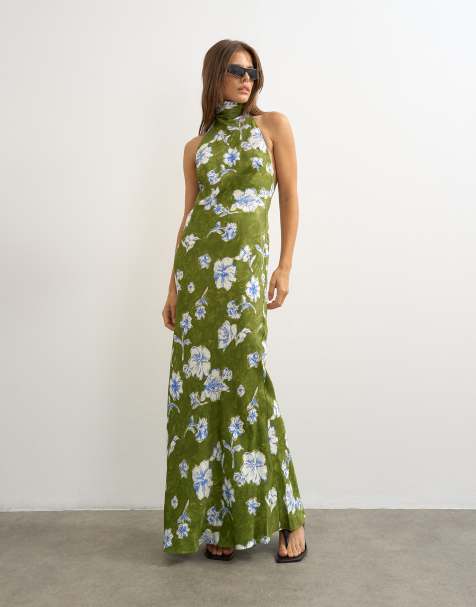 Topshop satin bias collapsed funnel halter neck maxi dress with open back in green floral - view 1