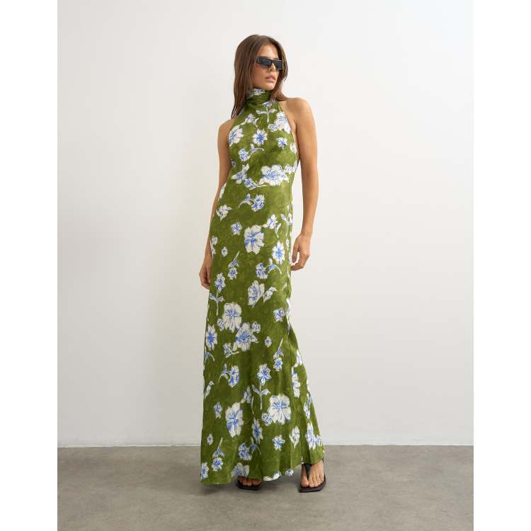 Topshop satin bias collapsed funnel halter neck maxi dress with open back in green floral