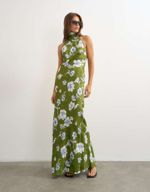 green halter neck dress topshop satin bias collapsed funnel maxi with open back in floral Fringed scarf
