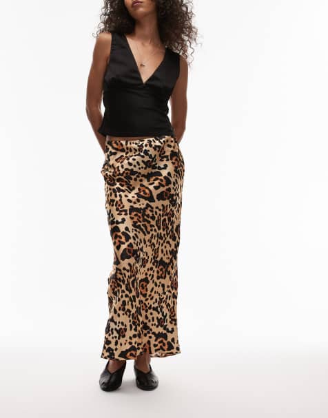 Topshop satin bias cut maxi skirt in animal - view 1