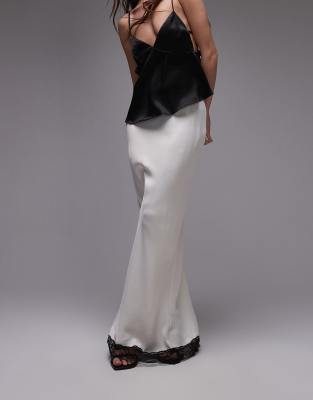 satin bias cut maxi skirt in ivory with black lace-White